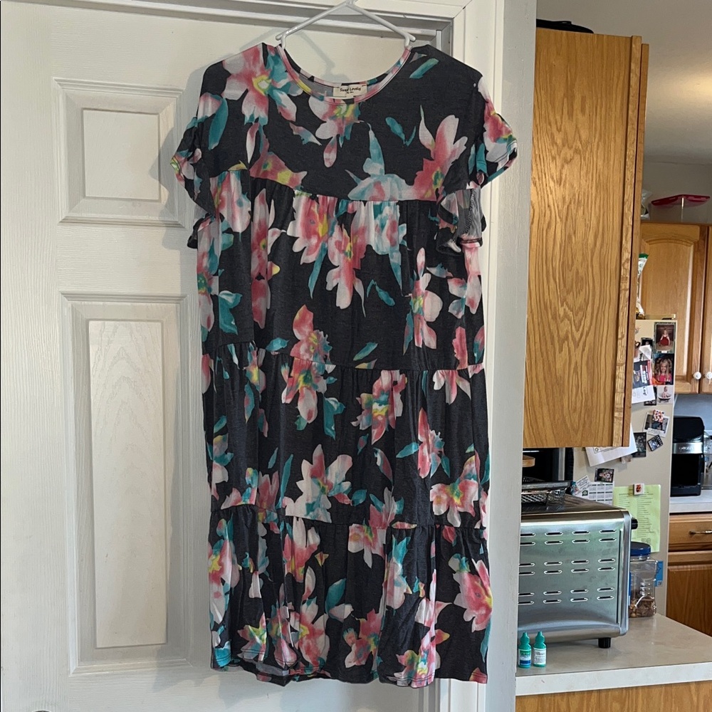 Sweet Love Sweet Lovely by Jen Navy Dresswith Pink, Teal & Yellow Floral Accents